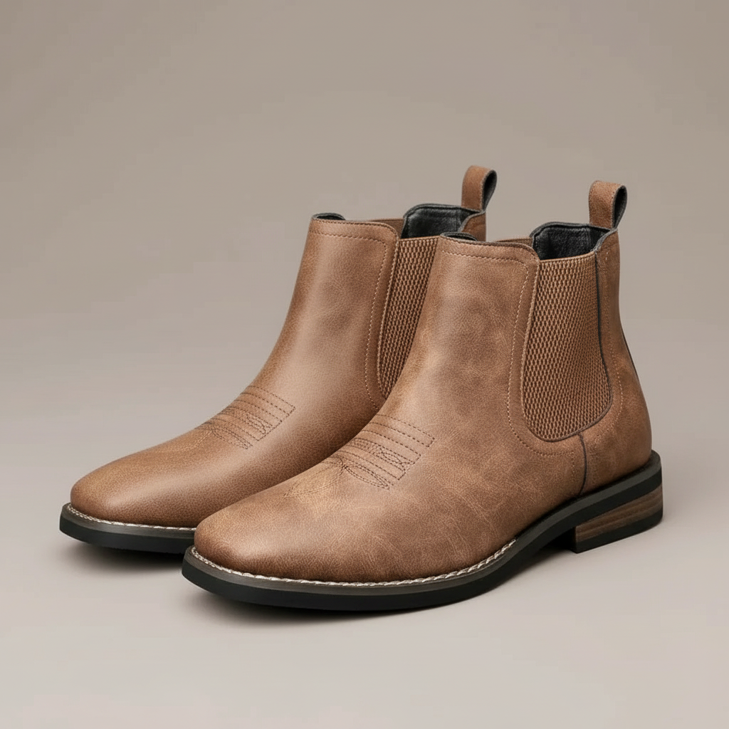 Square Toe Suede Chelsea Boots - Slip On Men's Boots Brown front view