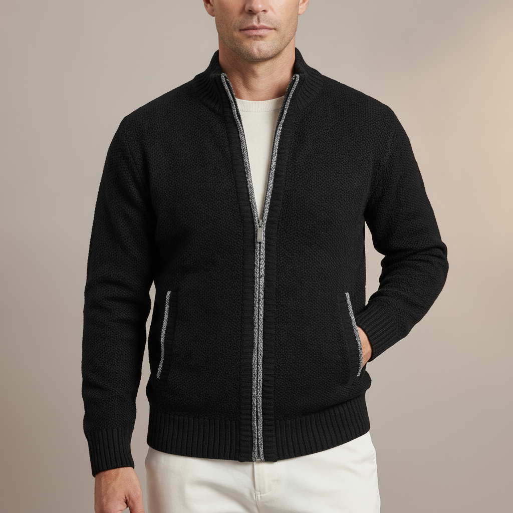 Textured Knit Full Zip Sweater - Mock Neck Men's Cardigan Black front view