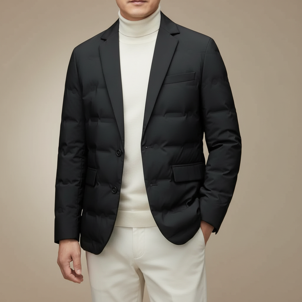 Quilted Puffer Blazer - Down Filled Men's Winter Jacket Black front view