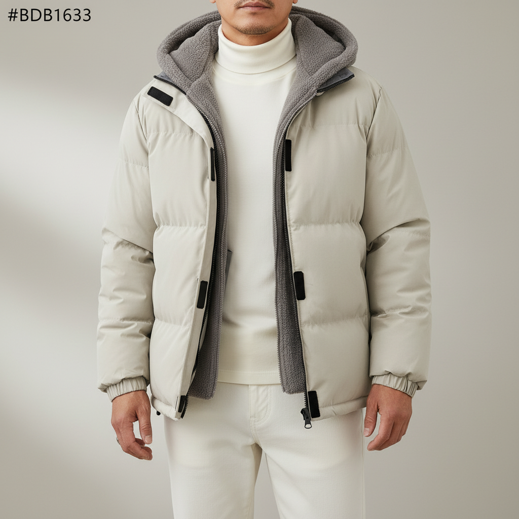 Fleece Lined Hooded Puffer Jacket - Men's Winter Jacket White front view