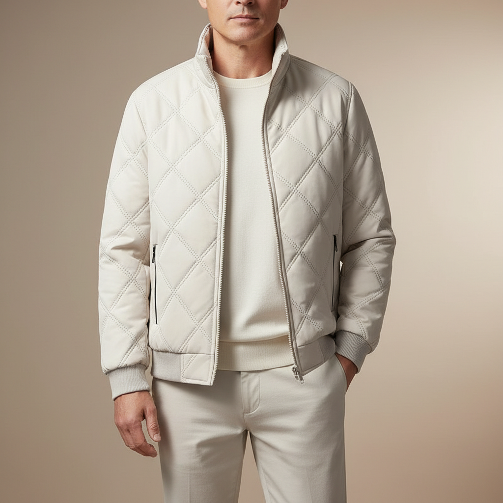 Diamond Quilted Fleece Lined Jacket - Men's Zip Up Jacket White front view