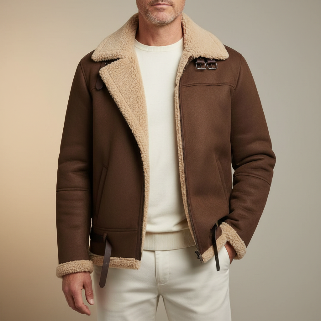 Shearling Aviator Jacket - Bomber Men's Winter Jacket Brown front view