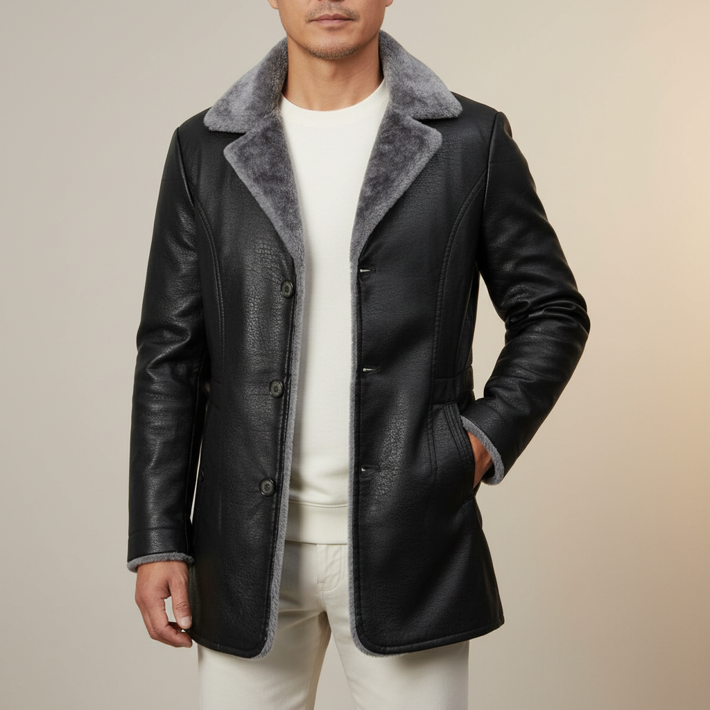 Faux Fur Collar Quilted Jacket - Lined Men's Winter Coat Black front view