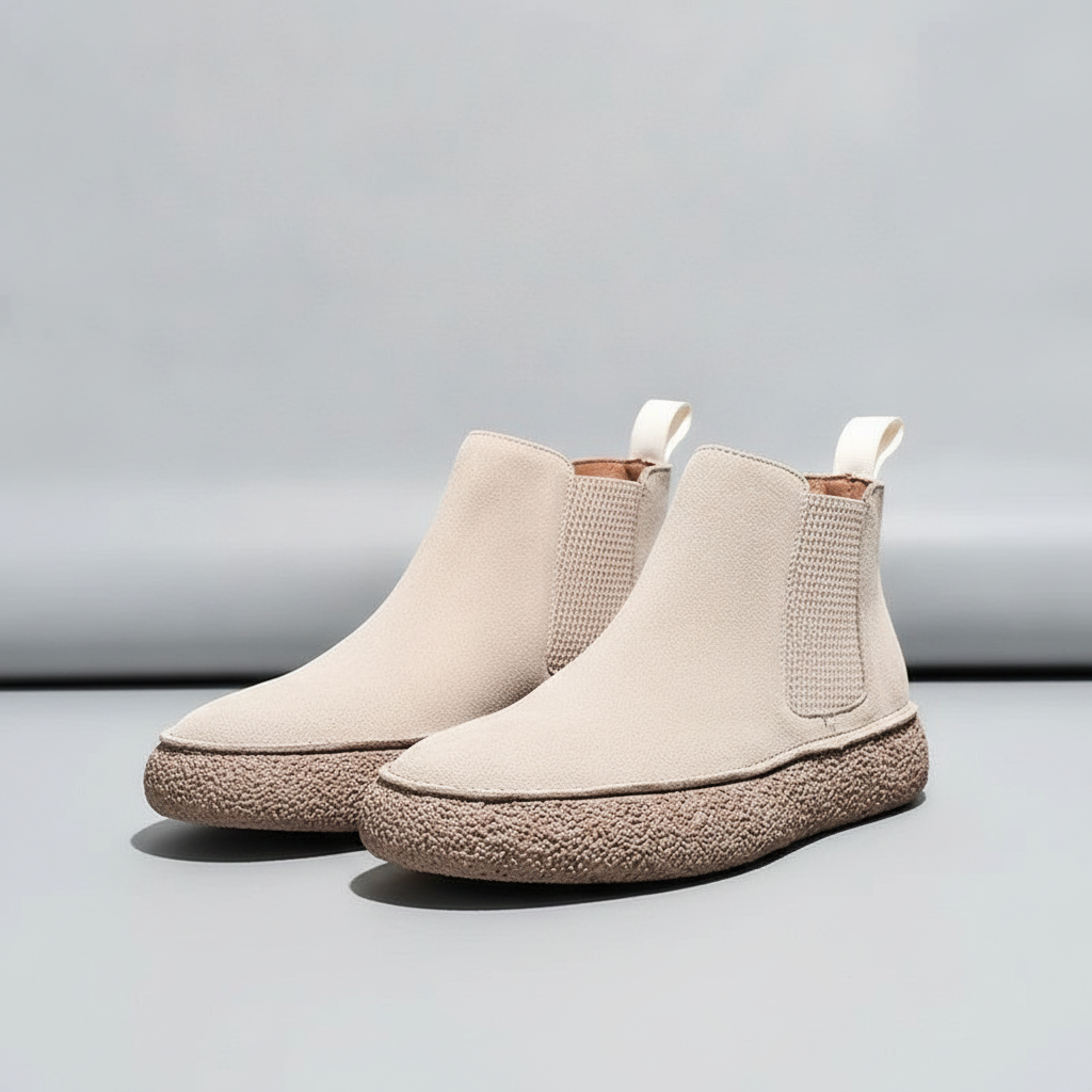 Suede Chelsea Boots - Pull On Almond Toe Men's Boots Beige front view