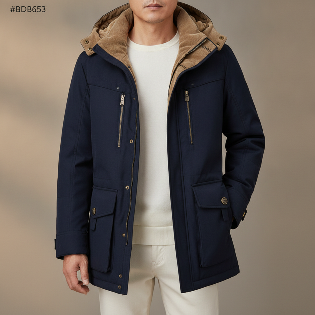 Insulated Hooded Parka - Multi Pocket Men's Winter Coat Navy Blue front view