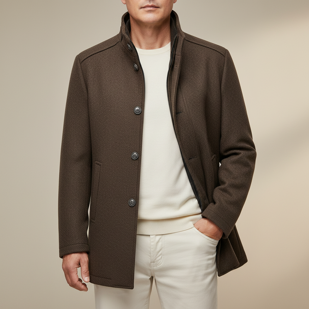 High Collar Quilted Coat - Button Front Men's Winter Jacket Brown front view