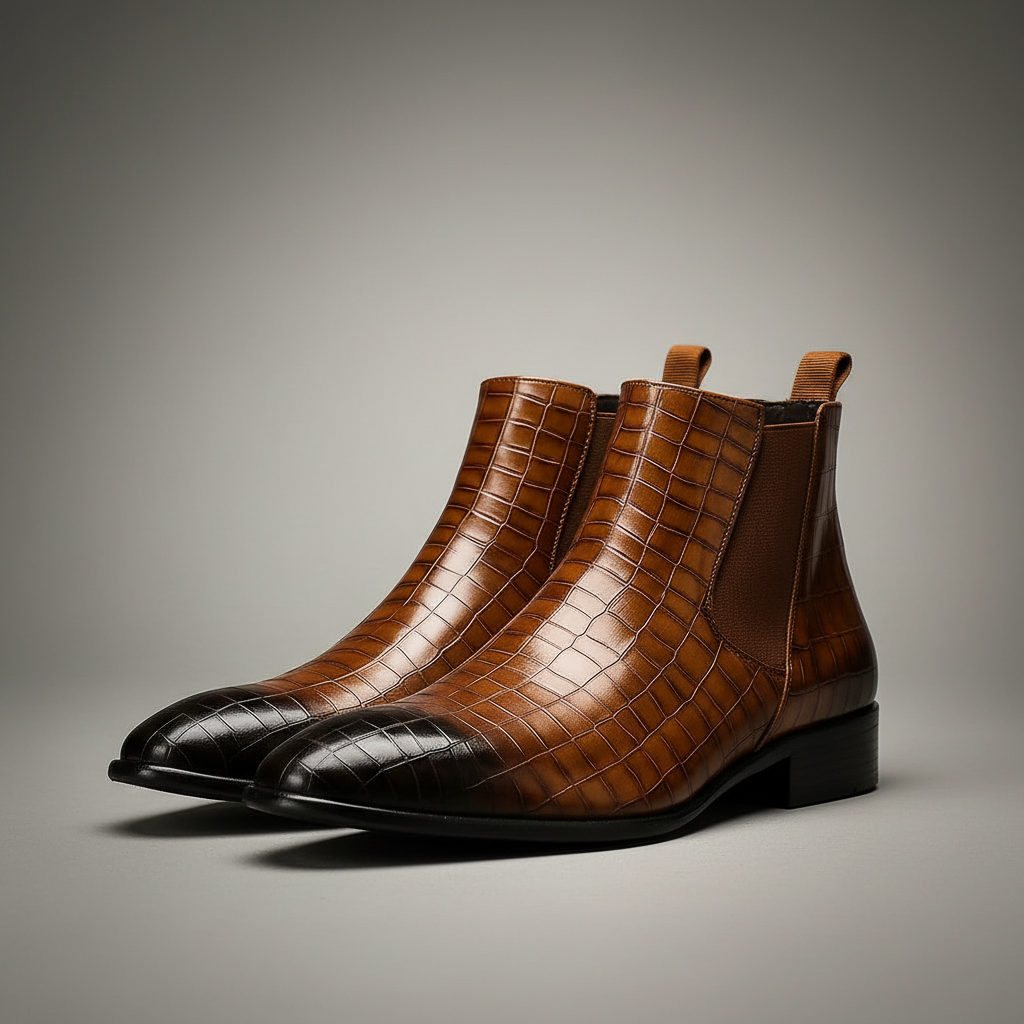 Snakeskin Leather Chelsea Boots - Pointed Men's Boots Brown front view