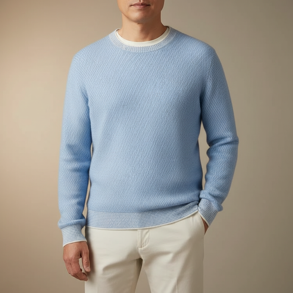 Merino Wool Crew Neck Sweater - Men's Knit Pullover Blue front view