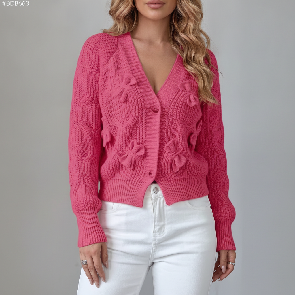 Bow Knit Cardigan - V Neck Button Up Women's Sweater Rose red front view