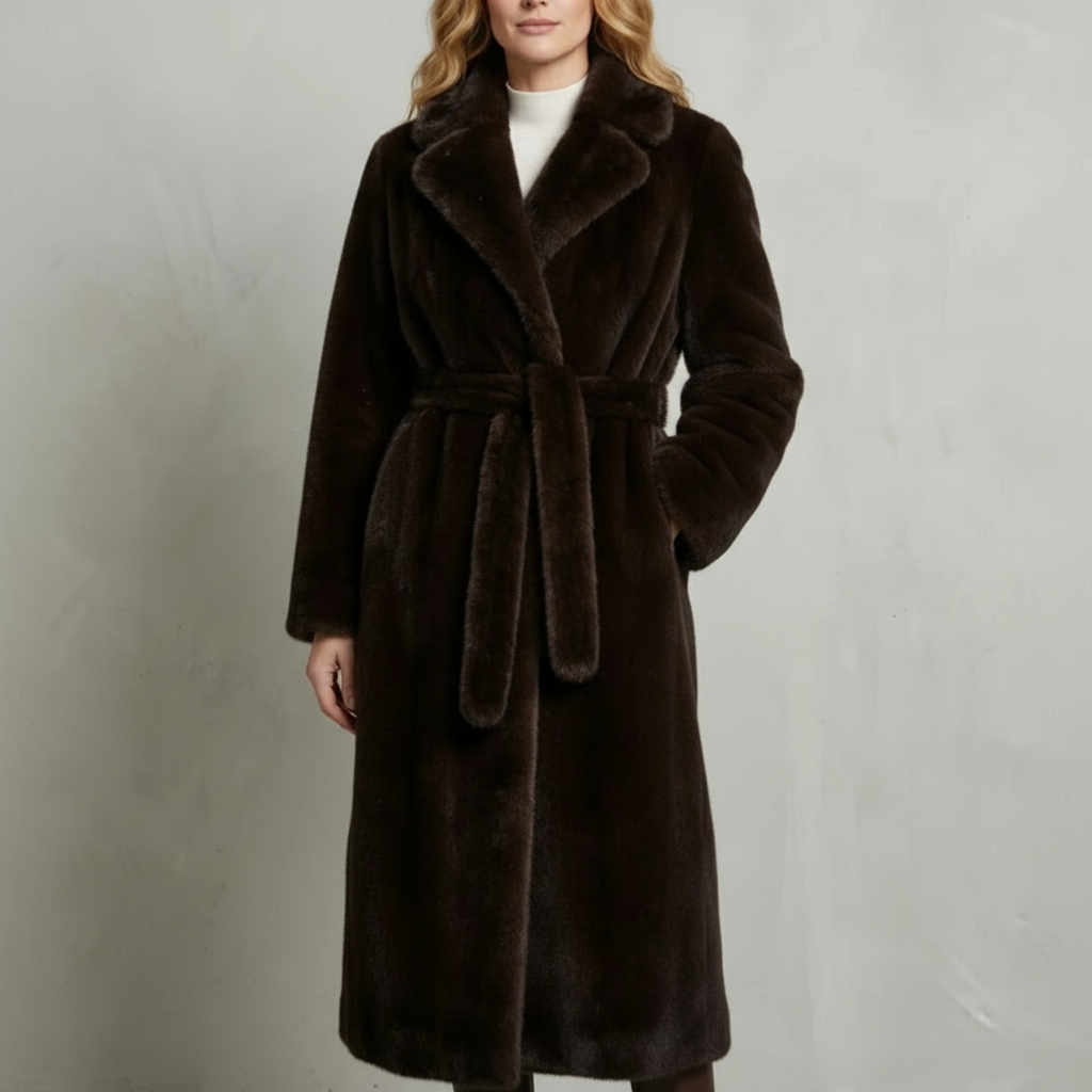 Oversized Faux Fur Coat - Belted Lapel Women's Coat Dark brown front view