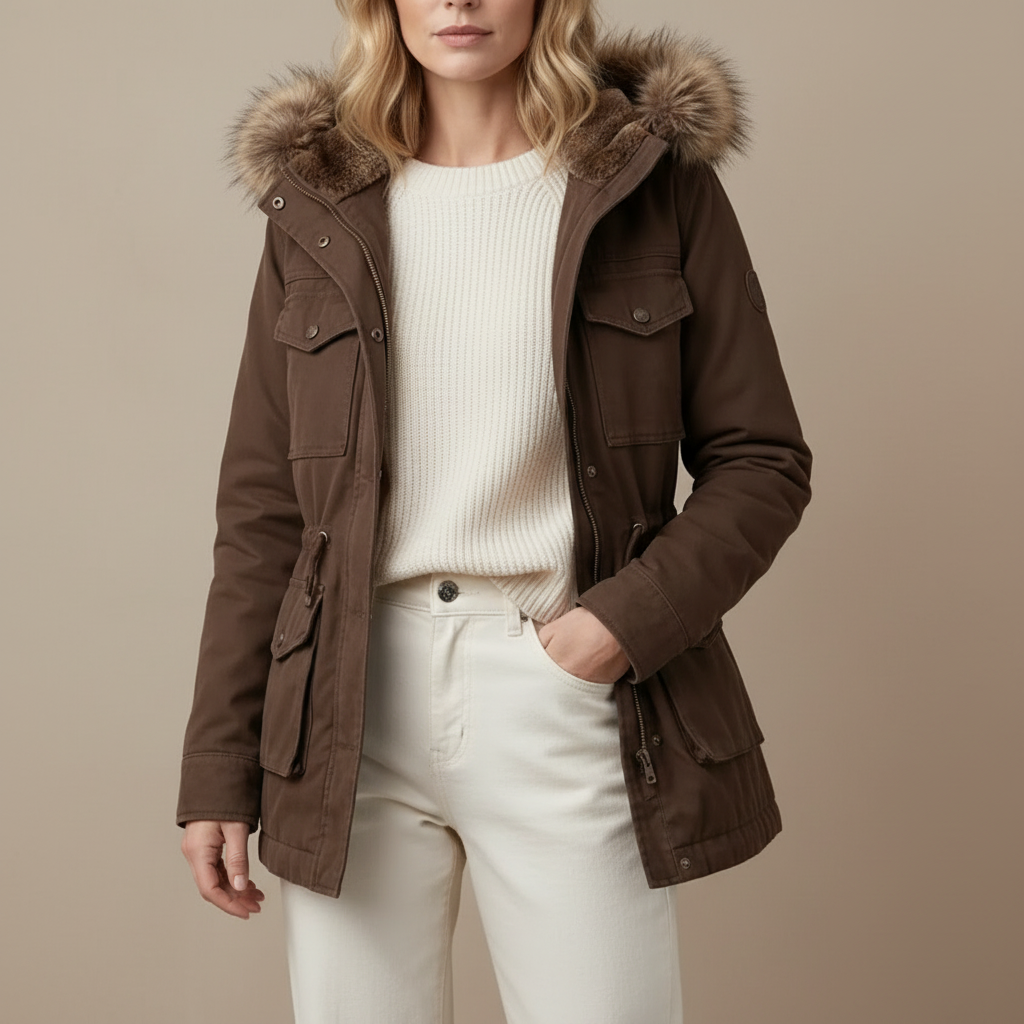 Faux Fur Hood Parka - Drawstring Waist Women's Coat Brown front view