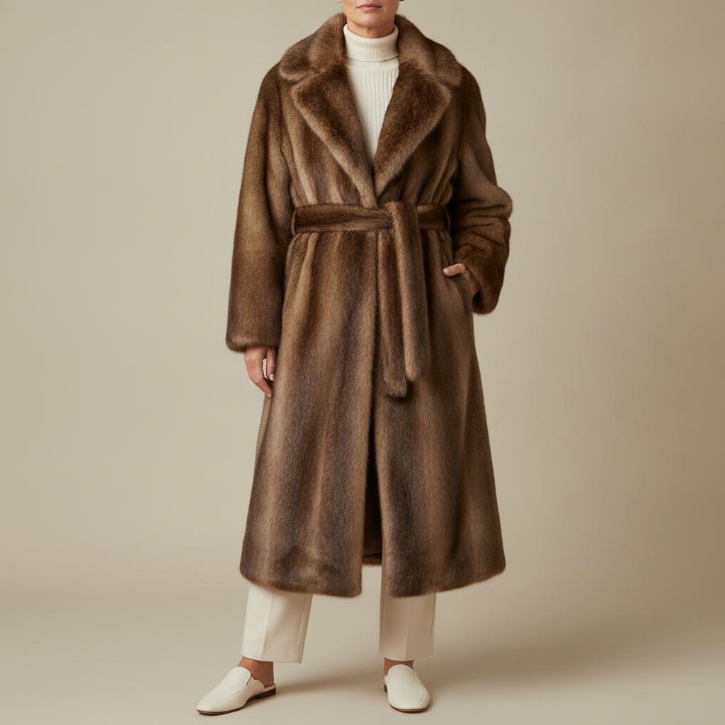 Long Faux Fur Collar Coat - Belted Women's Winter Coat Brown front view