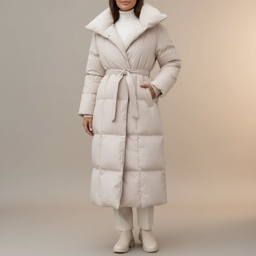 Belted Long Puffer Coat - Oversized Collar Women's Coat Cream front view