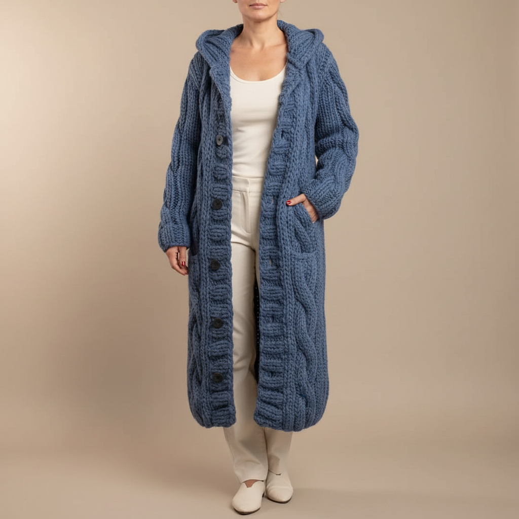 Hooded Cable Knit Maxi Cardigan - Chunky Women's Sweater Blue front view