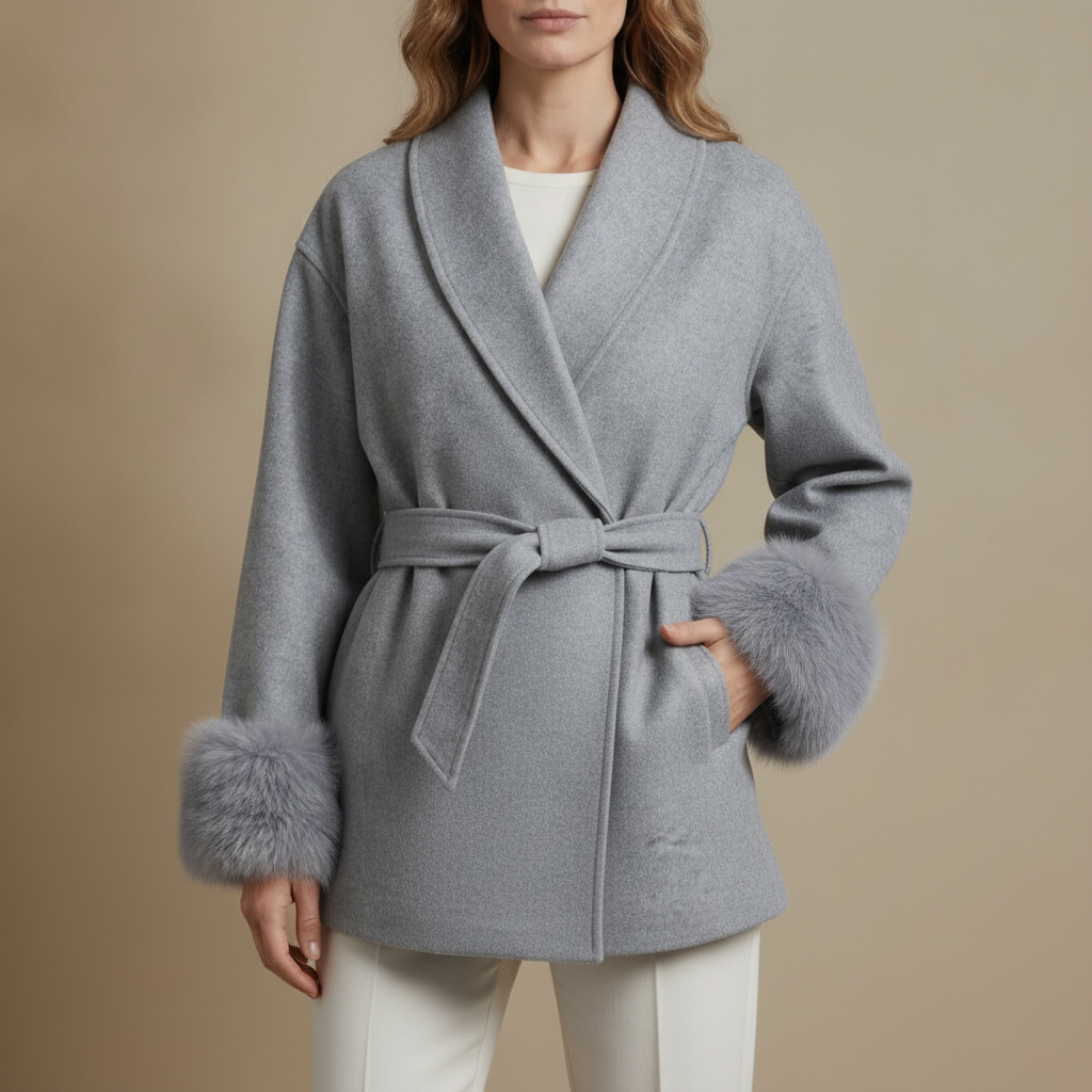 Belted Wrap Coat - Faux Fur Cuffs Lapel Women's Coat Gray front view