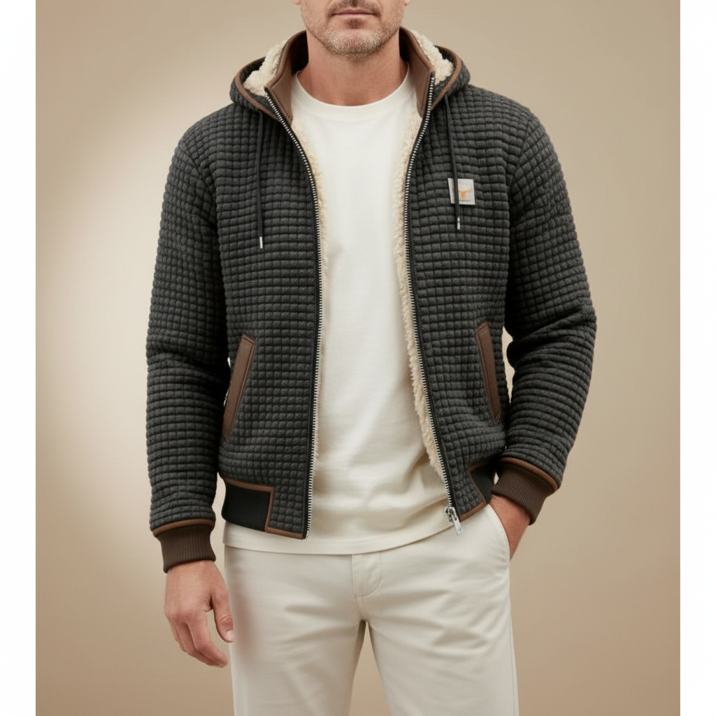 Sherpa Lined Quilted Hooded Jacket - Men's Zip Up Jacket Dark Gray front view