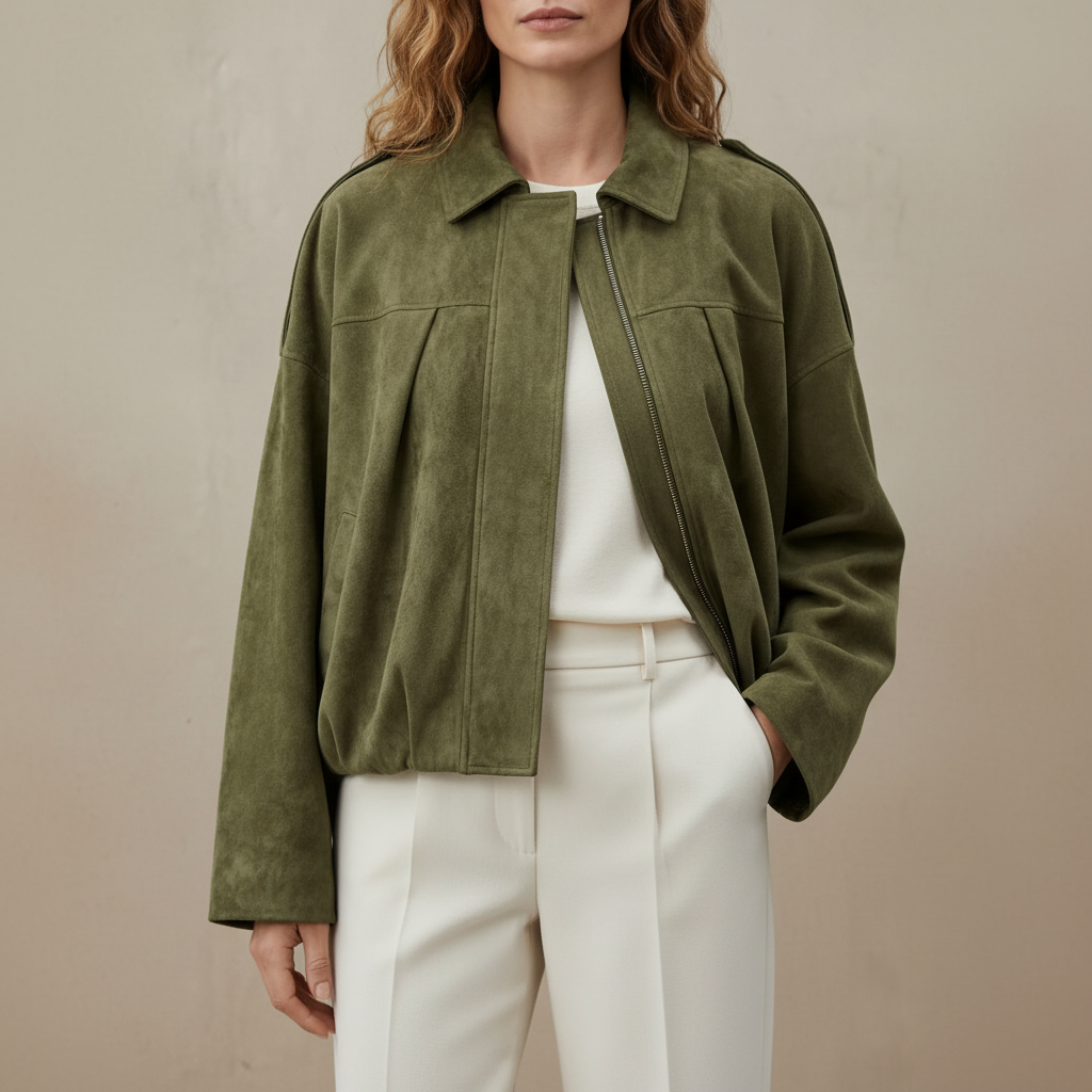 Suede Bomber Jacket - Balloon Sleeve Women's Jacket Olive front view