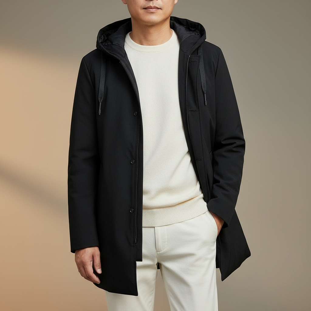 Mid Length Hooded Coat - Quilted Lined Men's Winter Jacket Black front view