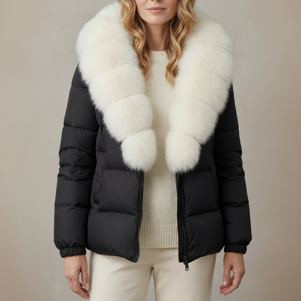 Faux Fur Collar Puffer Jacket - Down Style Women's Coat Black White front view