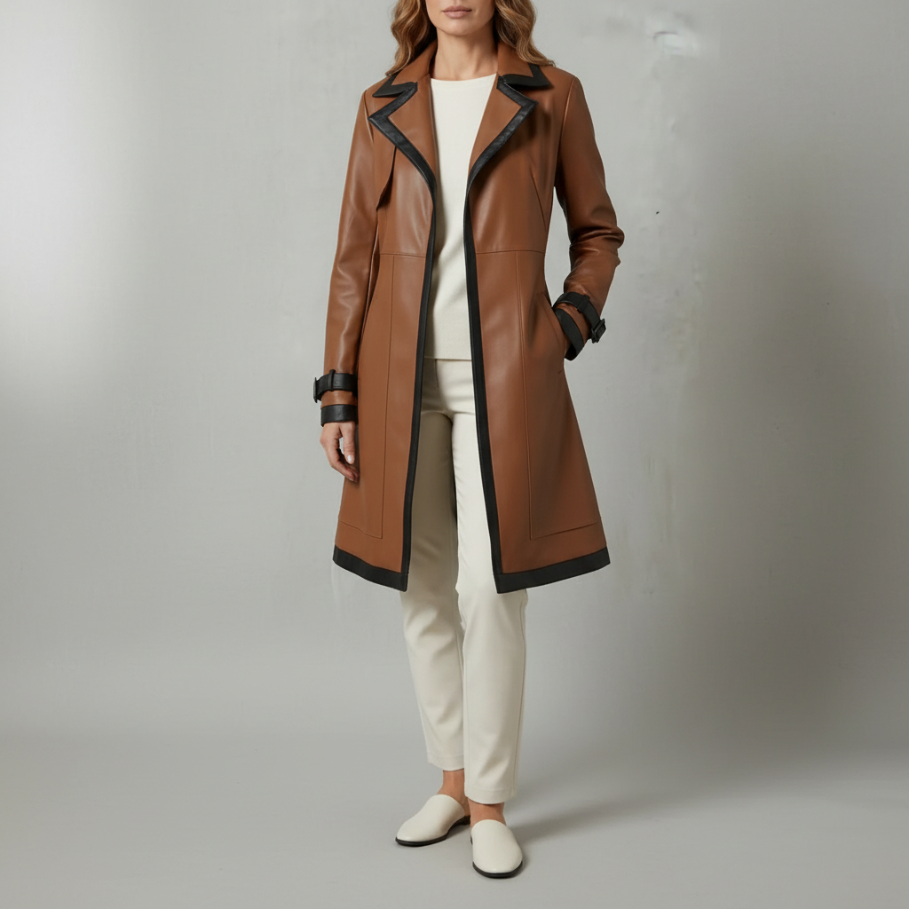 Leather Trench Coat - Belted Contrast Trim Women's Dark Brown front view