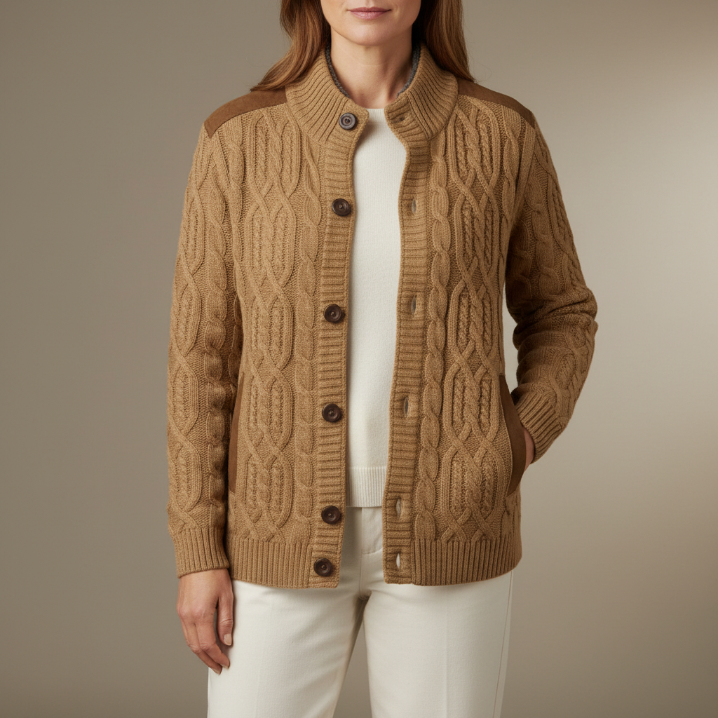 Fleece Lined Cable Knit Cardigan - Women's Sweater Brown front view