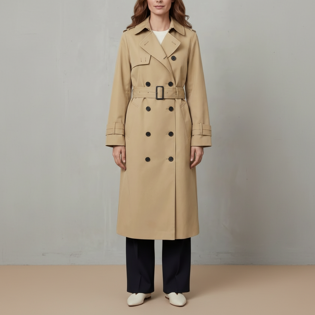 Belted Trench Coat - Double Breasted Women's Classic Coat Beige front view