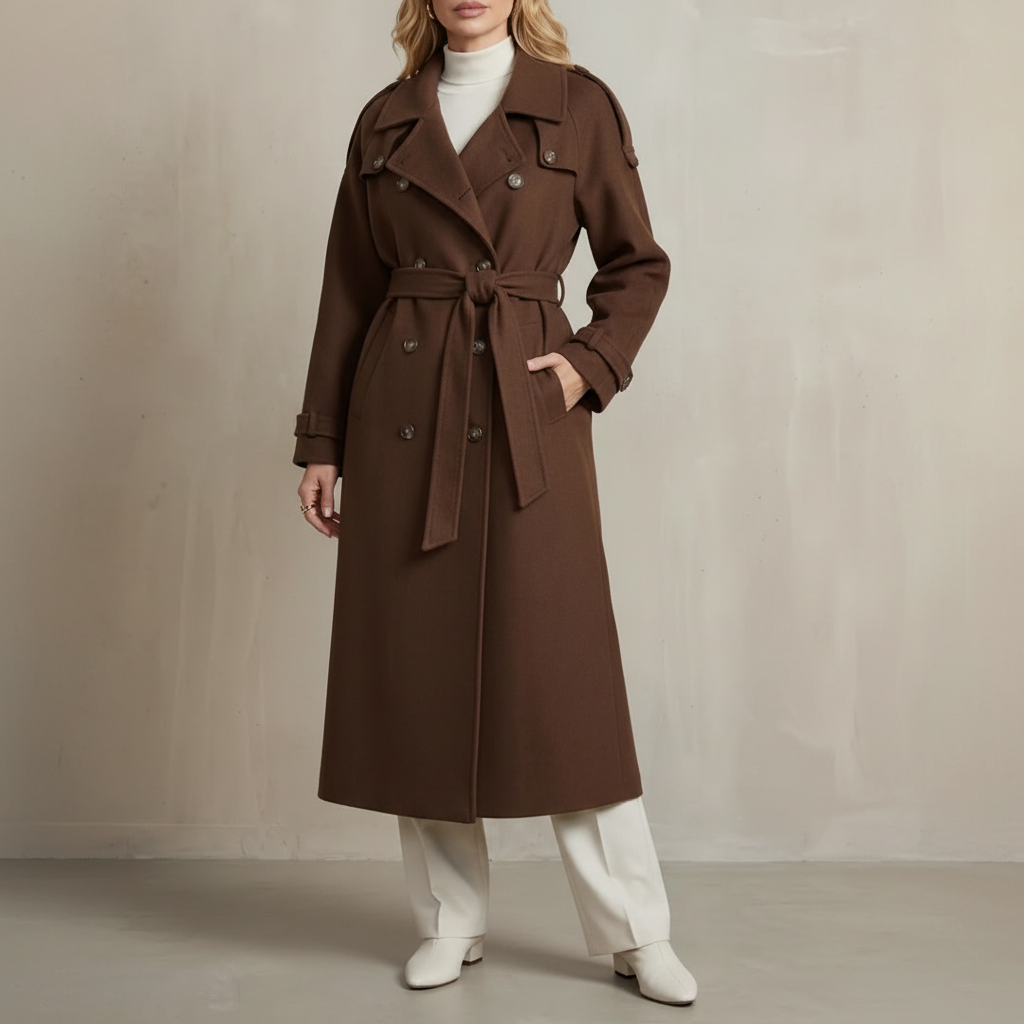 Oversized Belted Trench Coat - Wool Women's Coat Brown front view