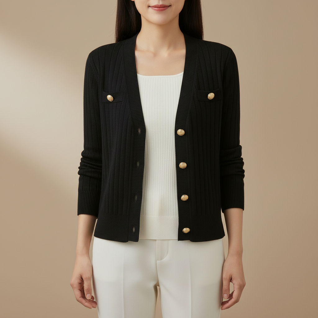 Gold Button Cardigan - V Neck Ribbed Women's Sweater Black front view