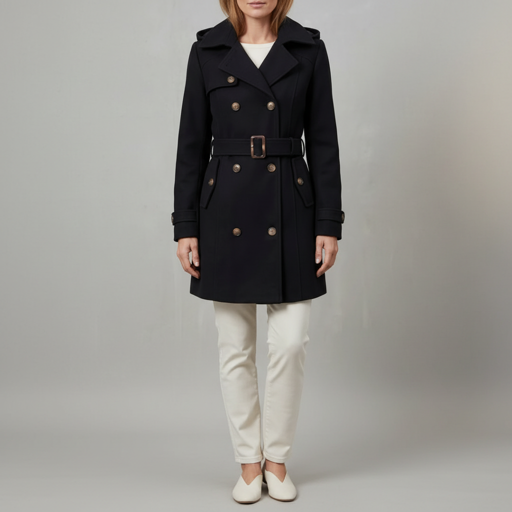 Hooded Trench Coat - Belted Double Breasted Women's Black front view