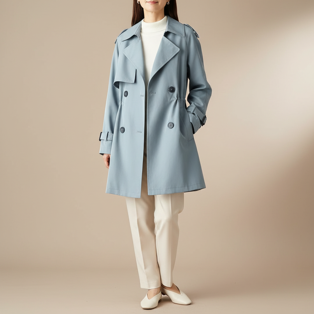 Double Breasted Trench Coat - Belted Women's Coat Pastel Blue front view