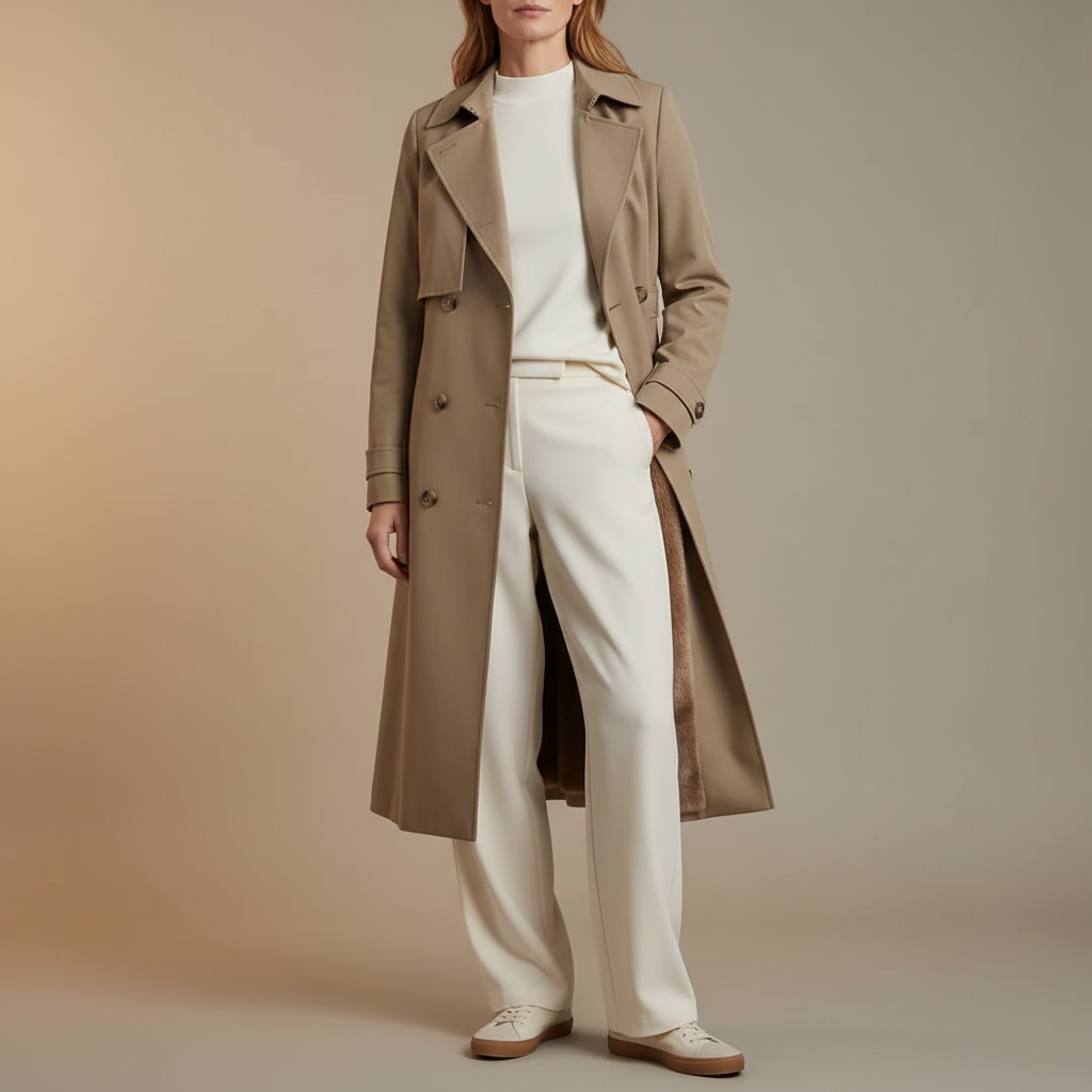 Faux Fur Lined Trench Coat - Double Breasted Women's Khaki front view