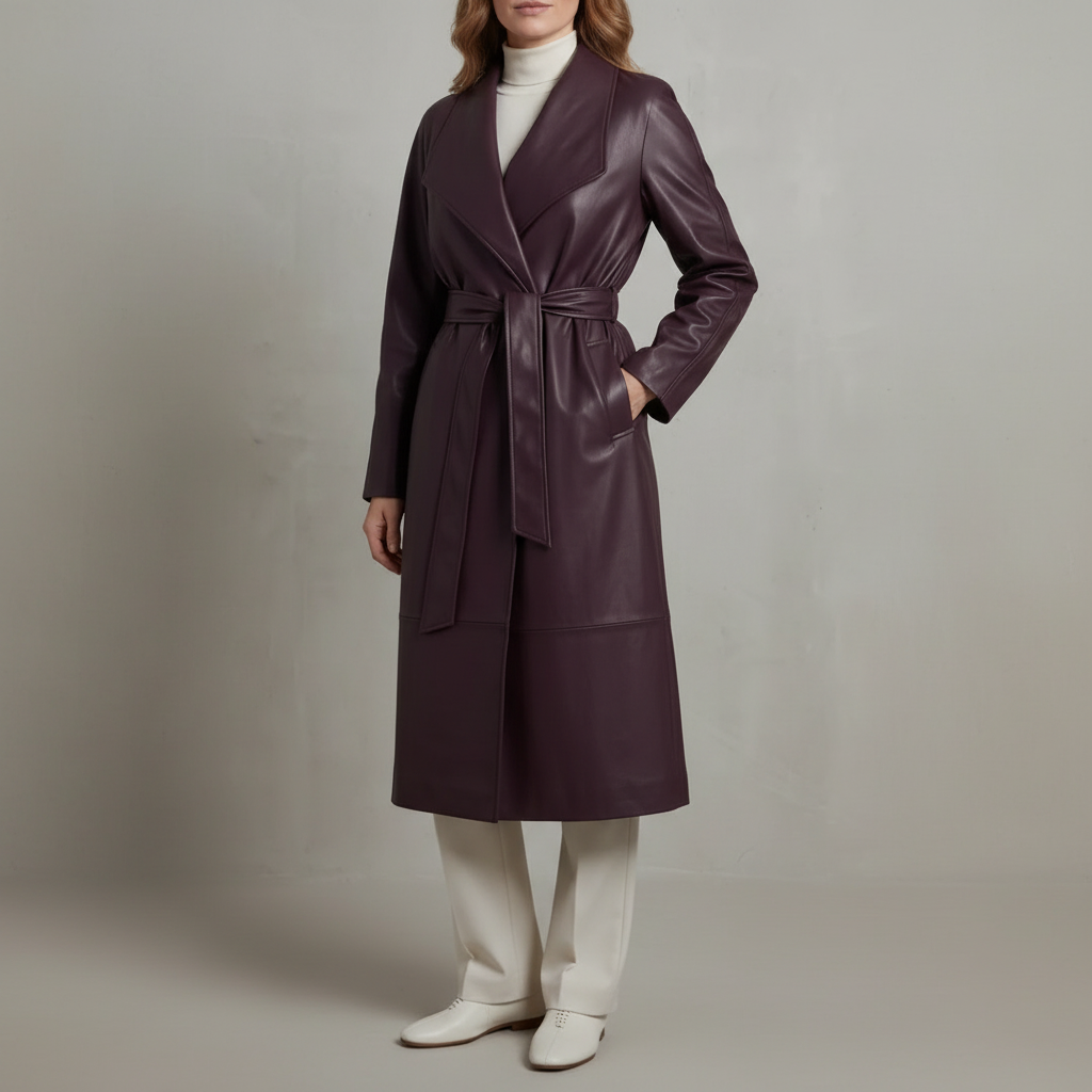 Faux Leather Wrap Trench Coat - Belted Women's Coat Deep berry front view