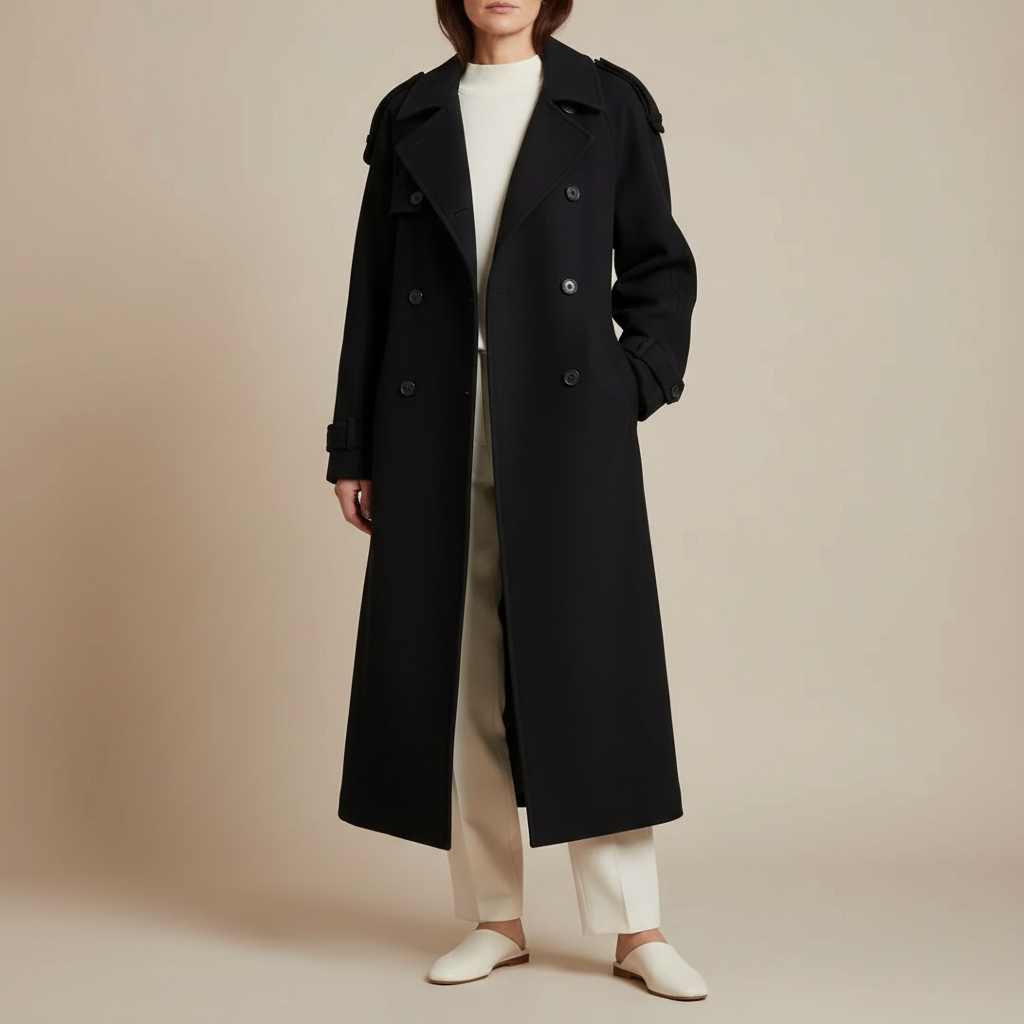 Oversized Wool Trench Coat - Belted Women's Coat Black front view