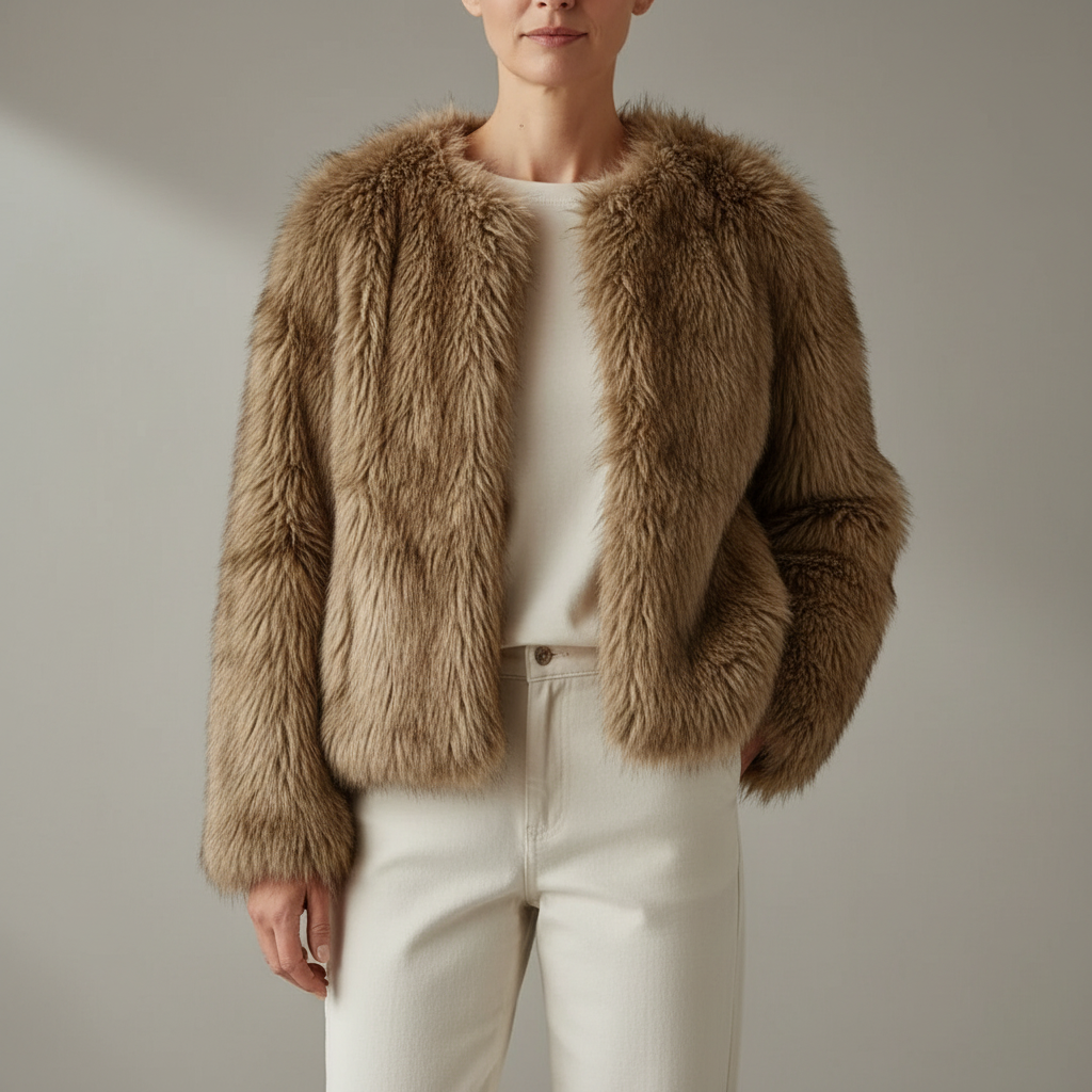 Open Front Faux Fur Jacket - Long Sleeve Women's Brown front view