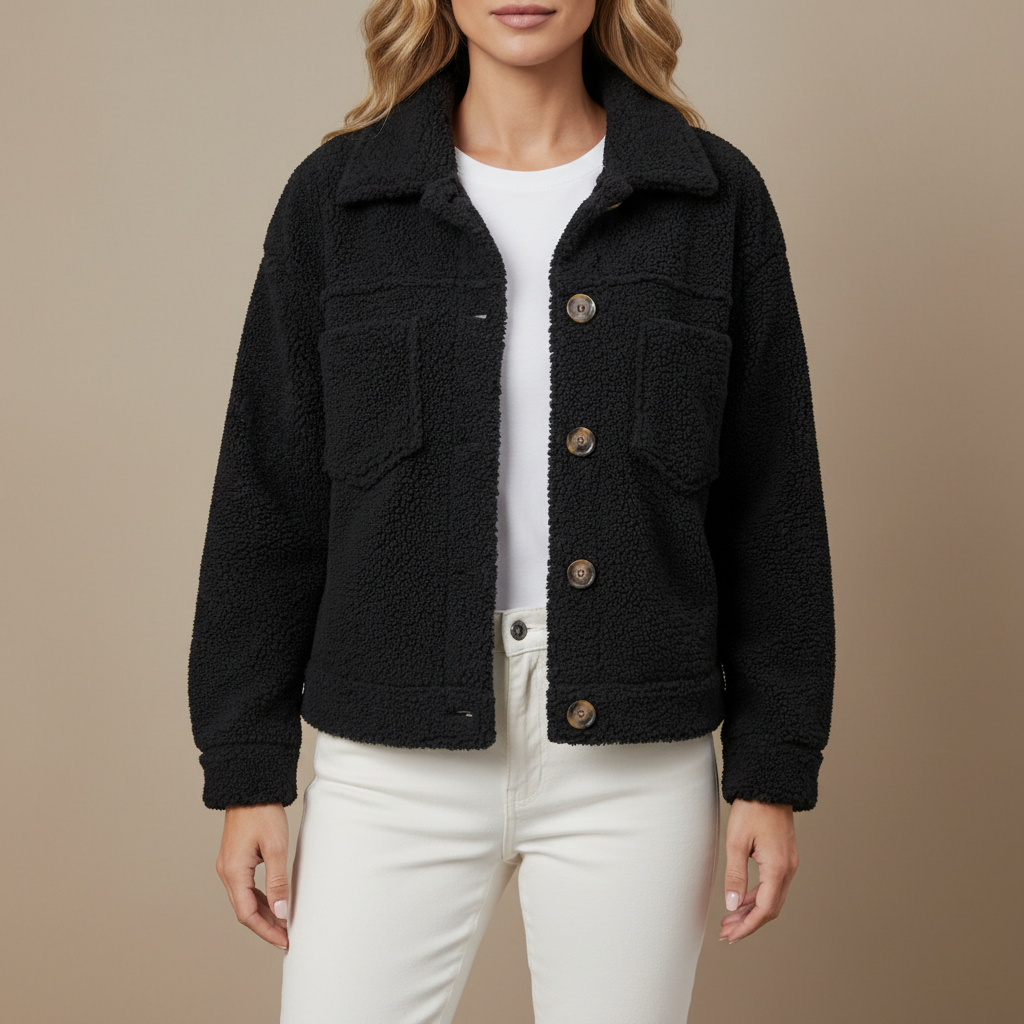 Cropped Fleece Shirt Jacket - Button Up Women's Black front view