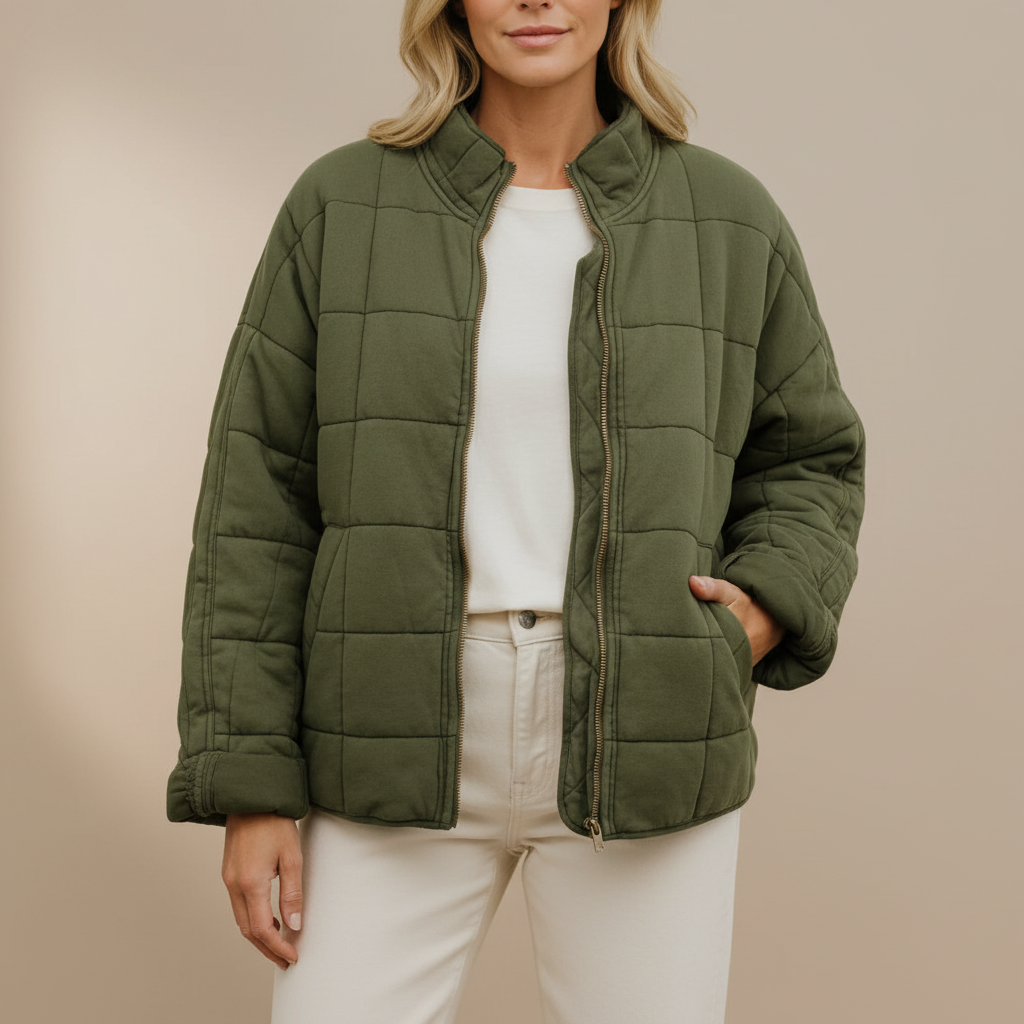Grid Quilted Fleece Jacket - Oversized Zip Women's Dark Green front view