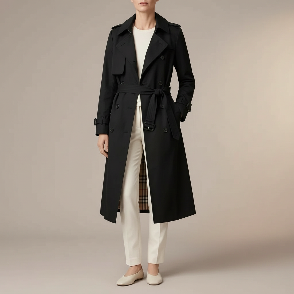 Belted Trench Coat - Double Breasted Notched Lapel Women's Black front view