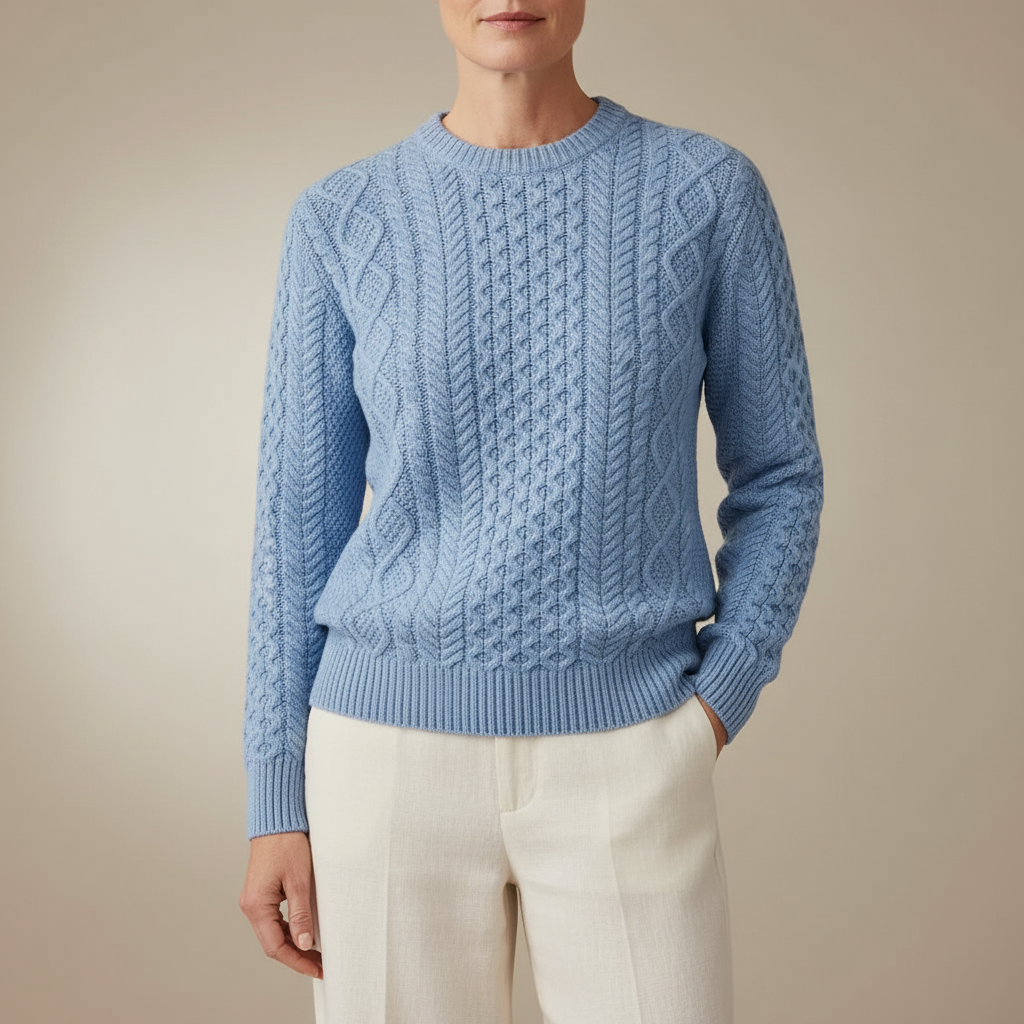 Cable Knit Crew Neck Sweater - Women's Pullover Blue front view