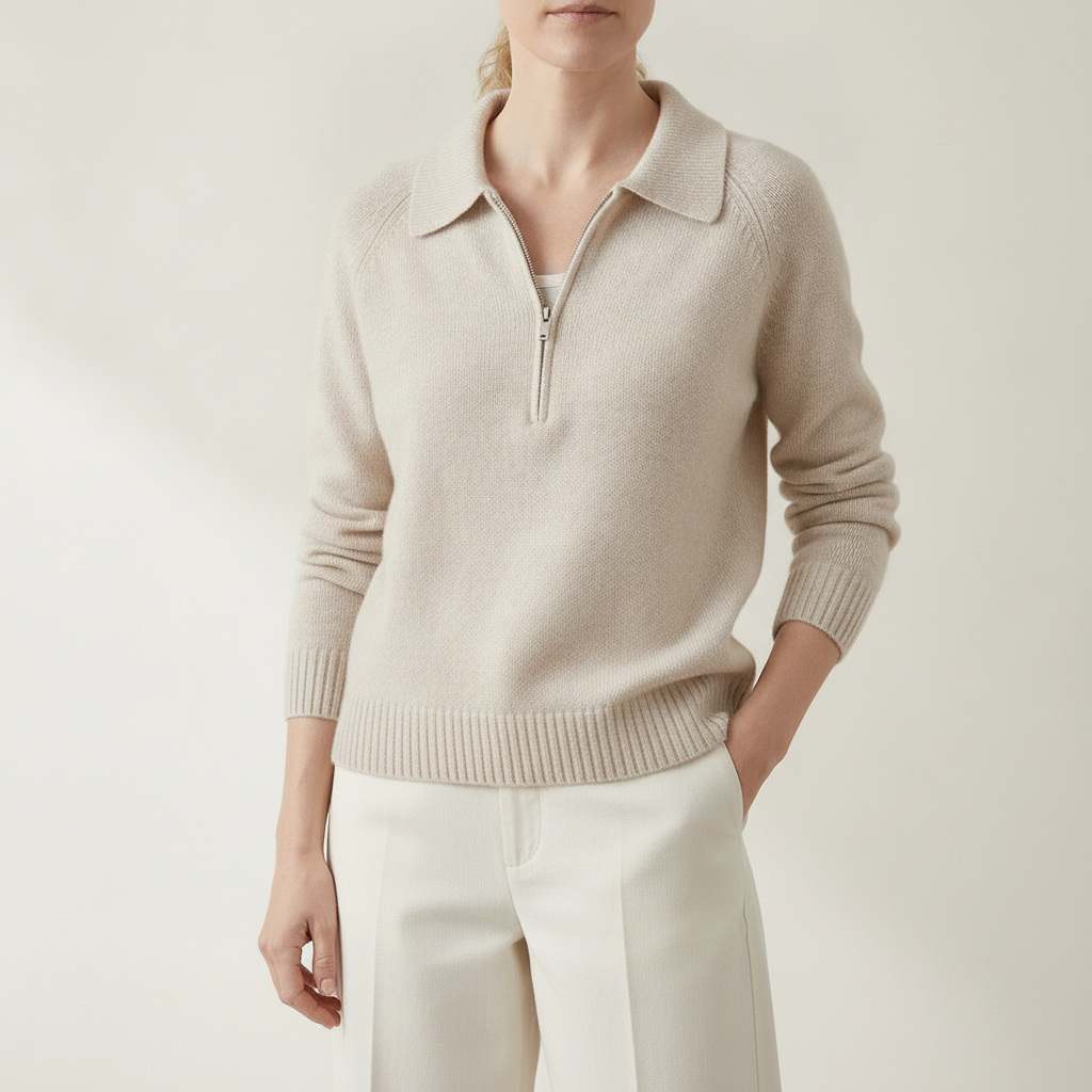 Half Zip Polo Collar Sweater - Women's Knit Pullover Beige front view