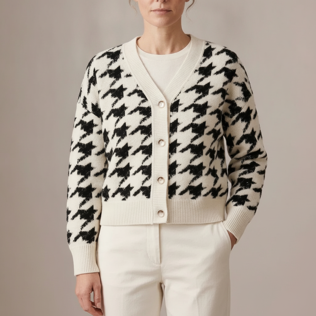 Cropped Houndstooth Cardigan - V Neck Women's Sweater Black front view