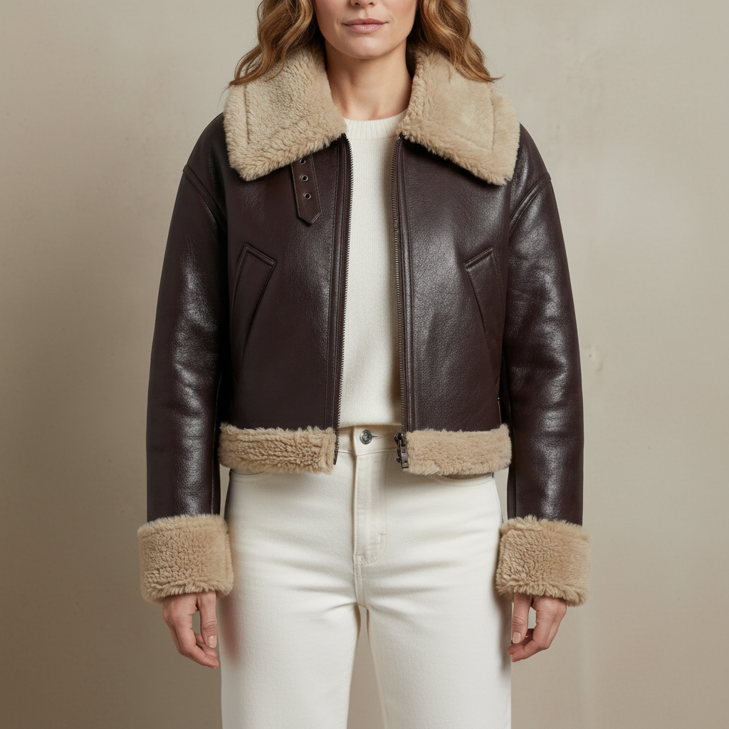 Cropped Aviator Jacket - Shearling Collar Women's Dark Brown front view