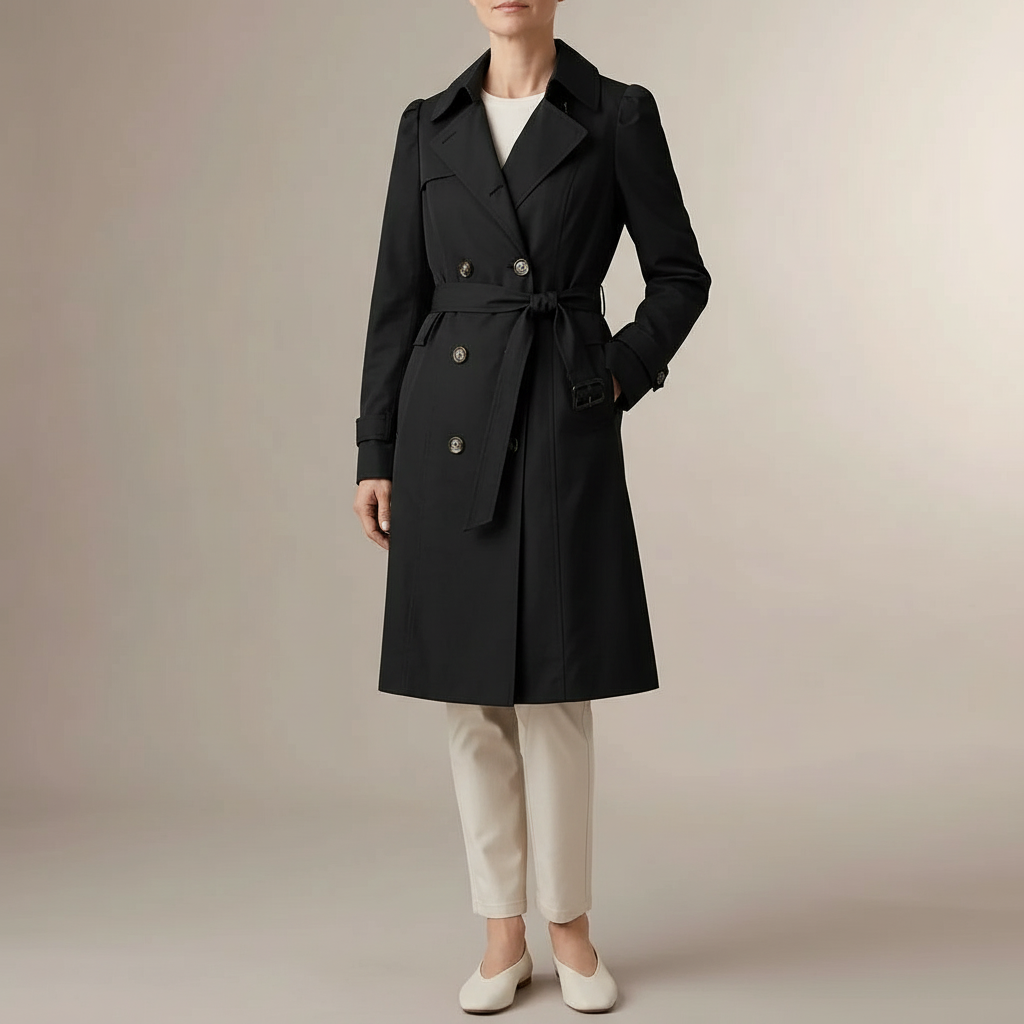 Lightweight Belted Trench Coat - Double Breasted Women's Black front view