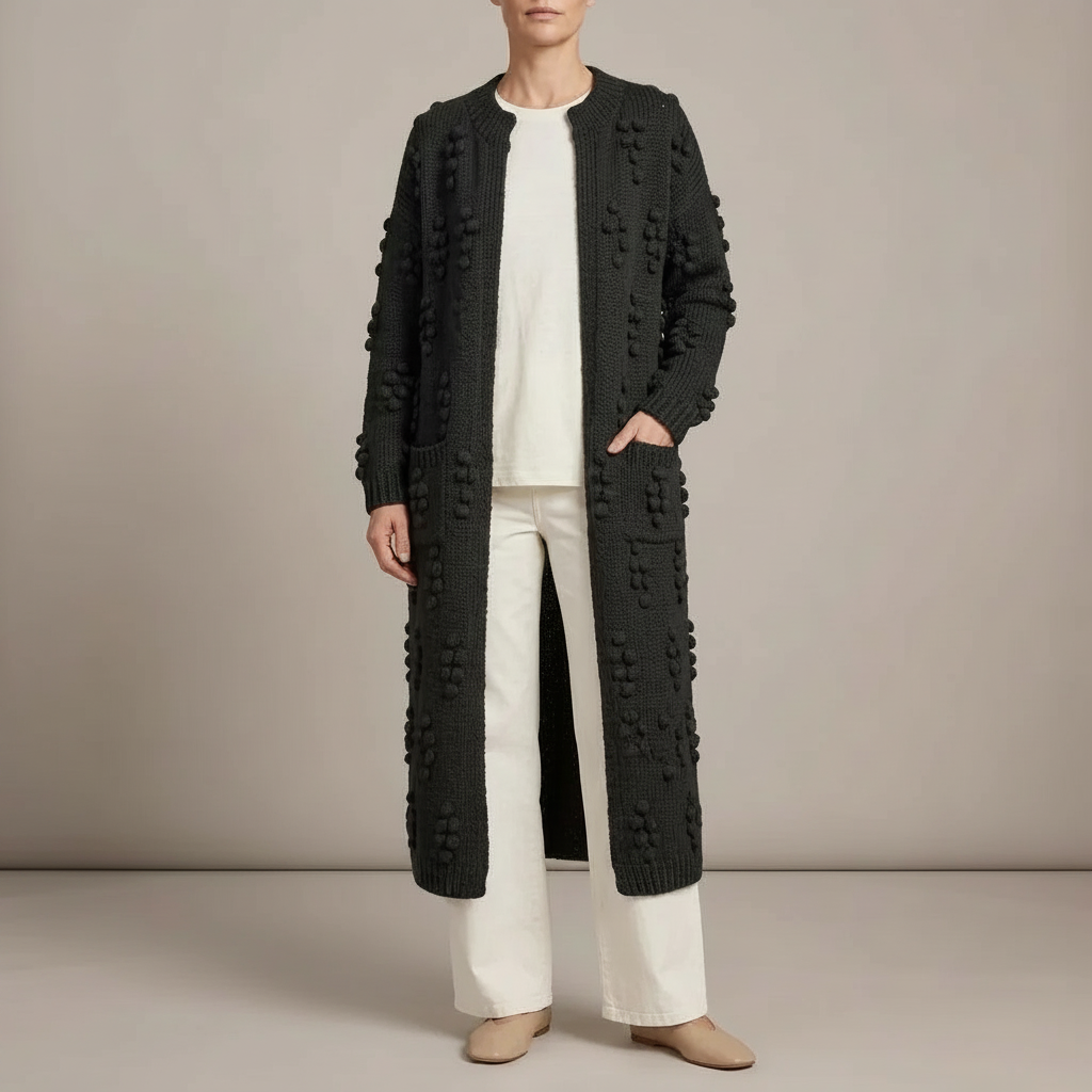 Long Pom Pom Knit Cardigan - Open Front Women's Black front view