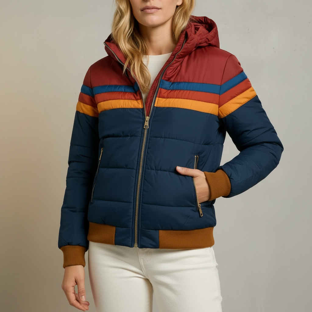Striped Hooded Fleece Jacket - Puffer Women's Jacket Navy Blue front view
