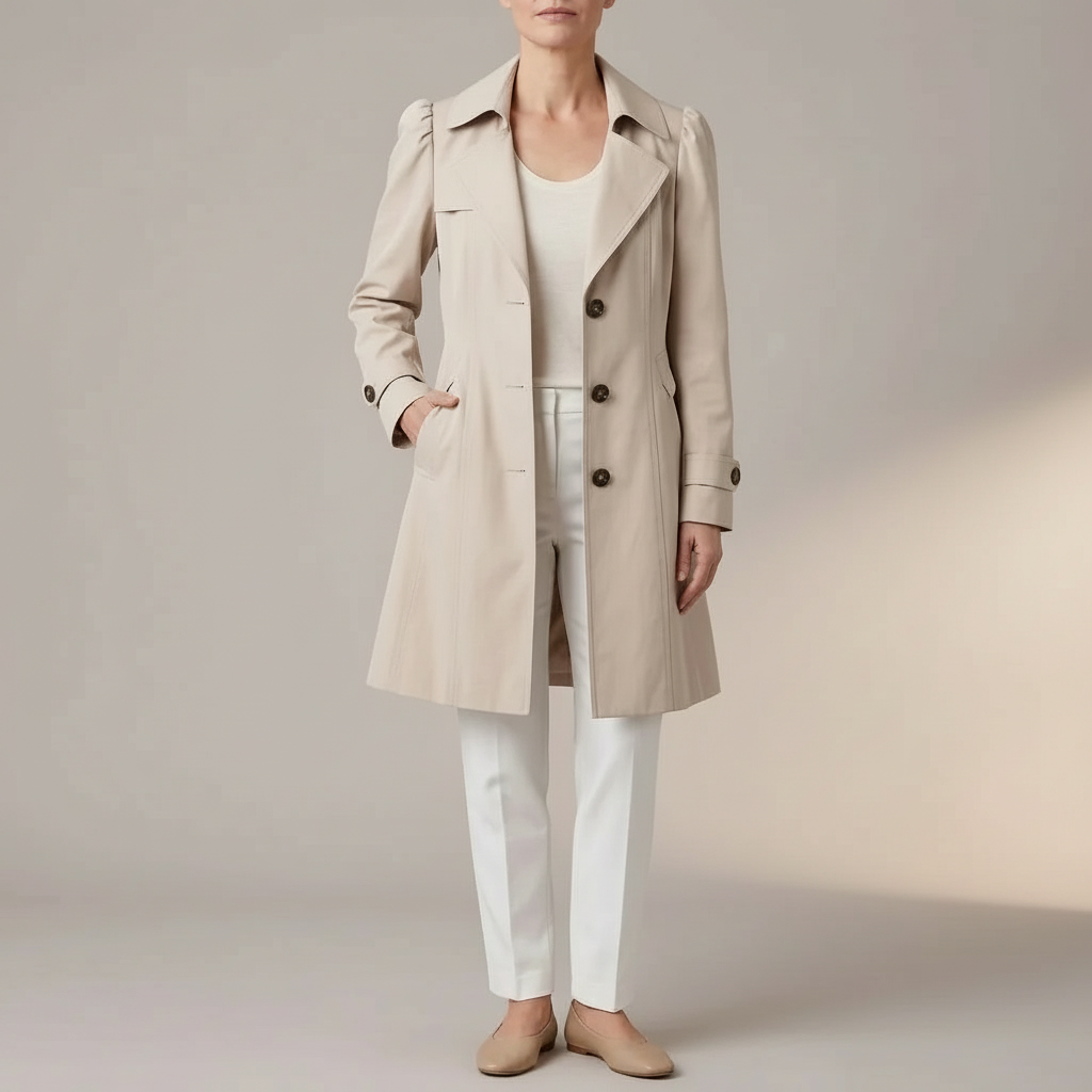 Longline Trench Coat - Notched Lapel Single Breasted Beige front view