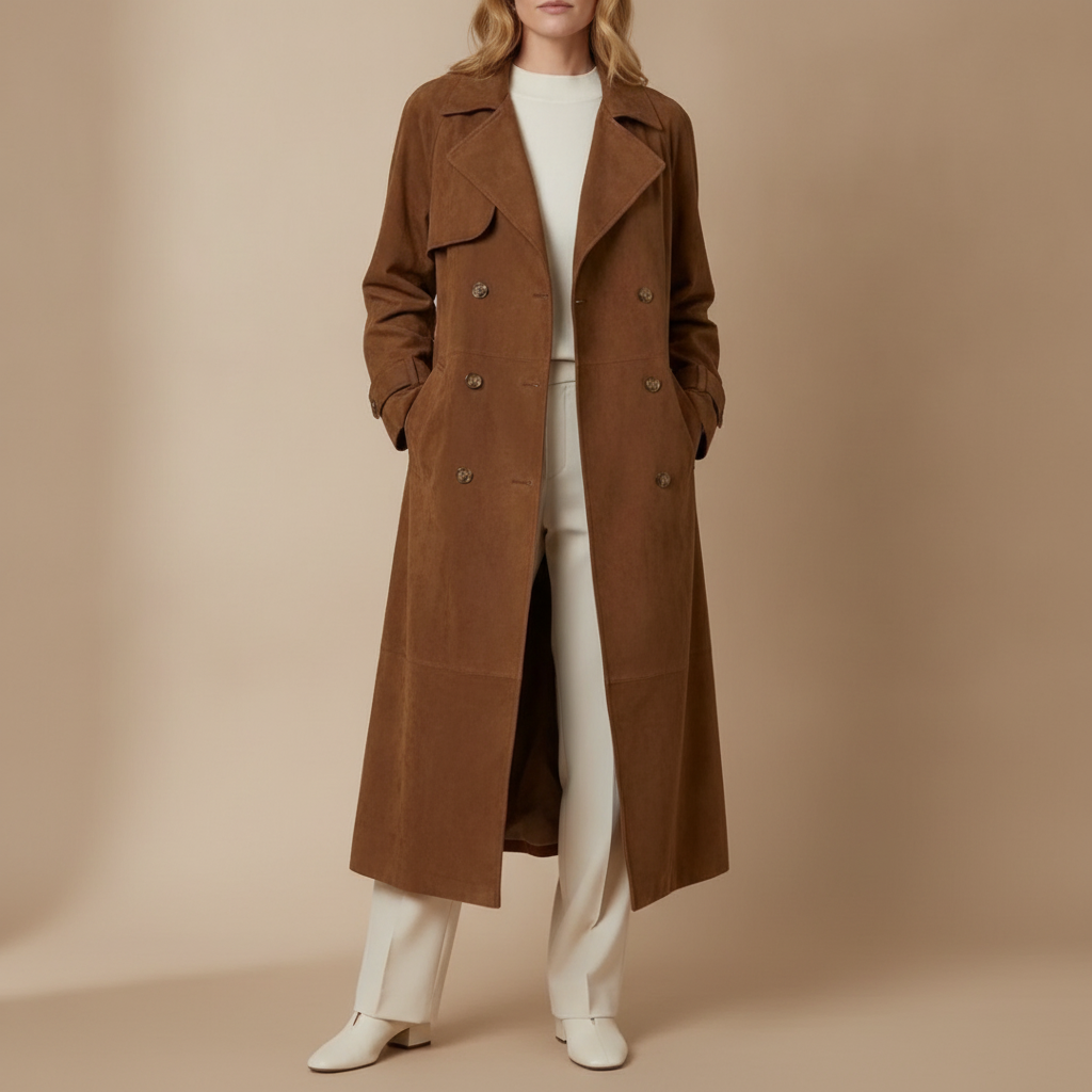 Suede Trench Coat - Belted Double Breasted Women's Brown front view