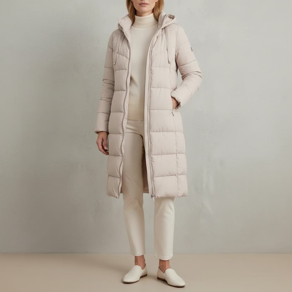 Longline Quilted Fleece Jacket - Hooded Women's Ivory front view