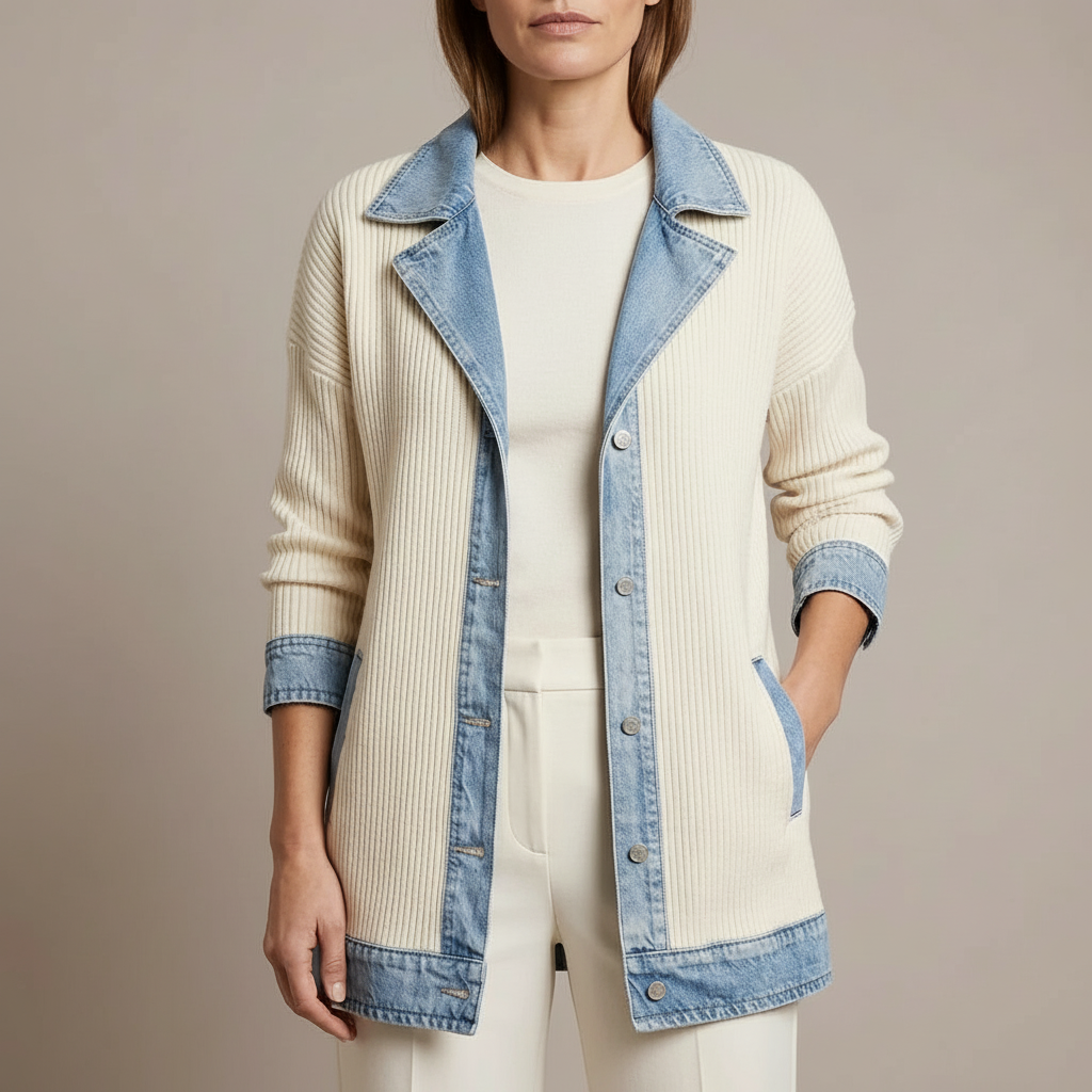 Knit Denim Jacket - Button Front Women's Hybrid Jacket White front view