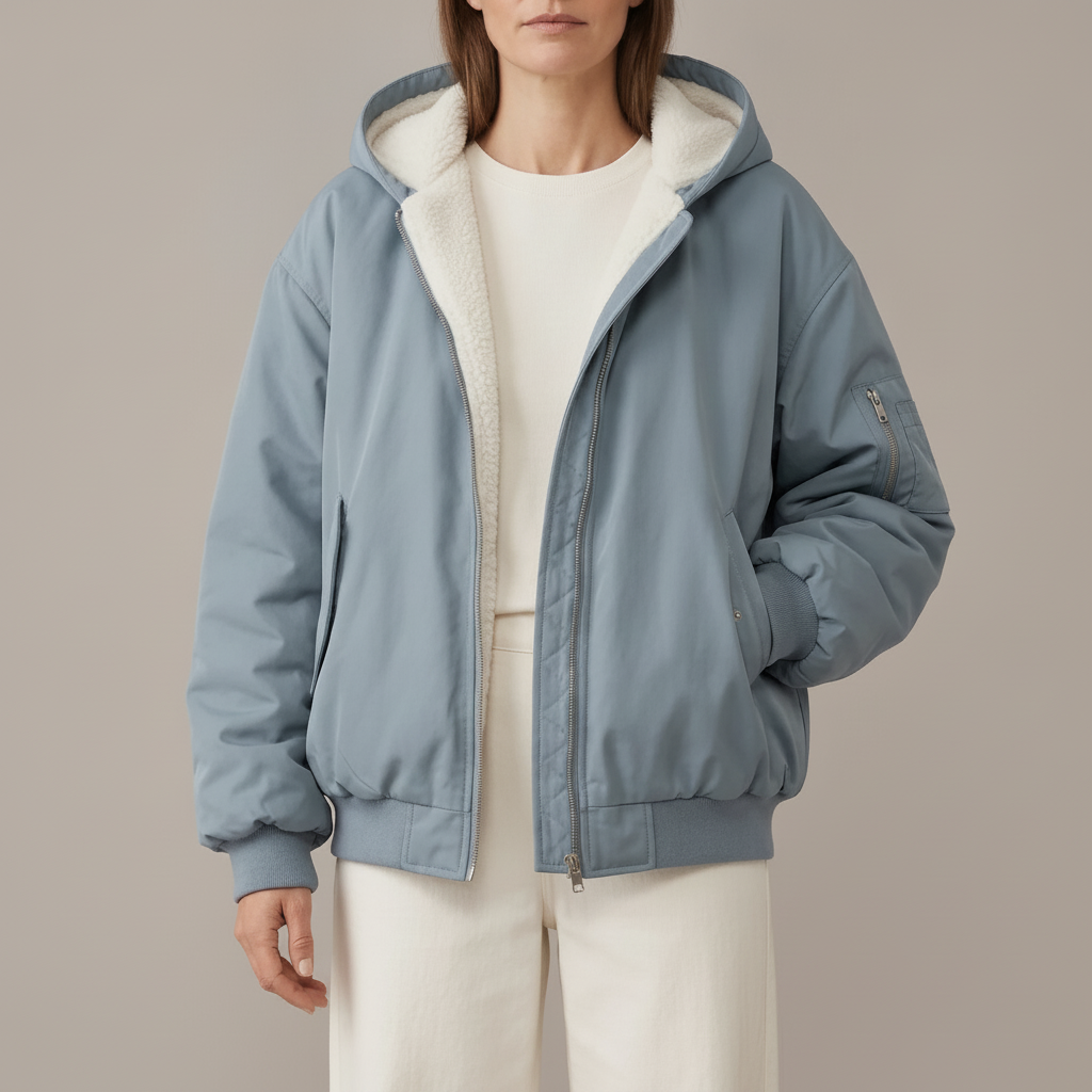 Oversized Fleece Bomber Jacket - Zip Up Women's Blue front view