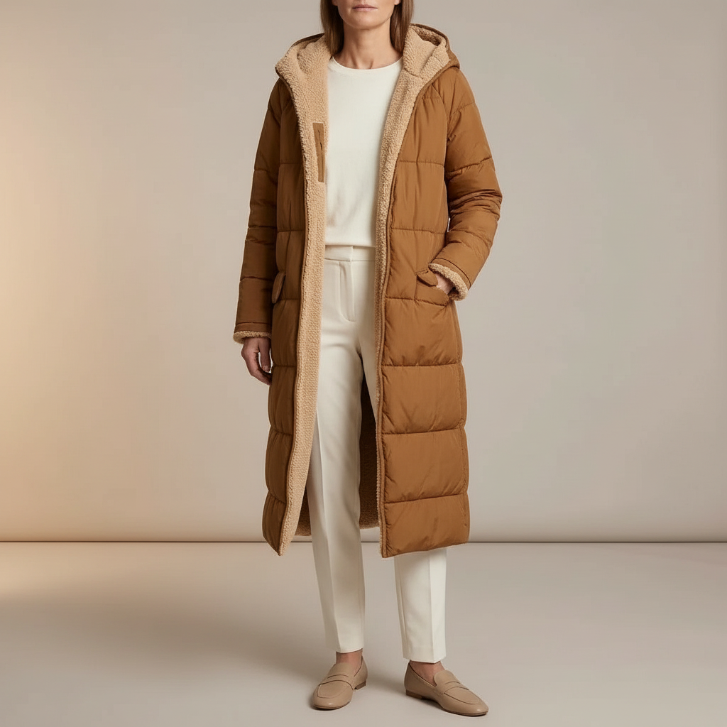 Long Puffer Coat - Sherpa Trim Hood Fleece Lined Women's Brown front view